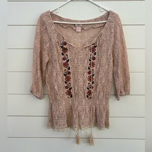 Flying Tomato Blush Lace Blouse with Floral Accents